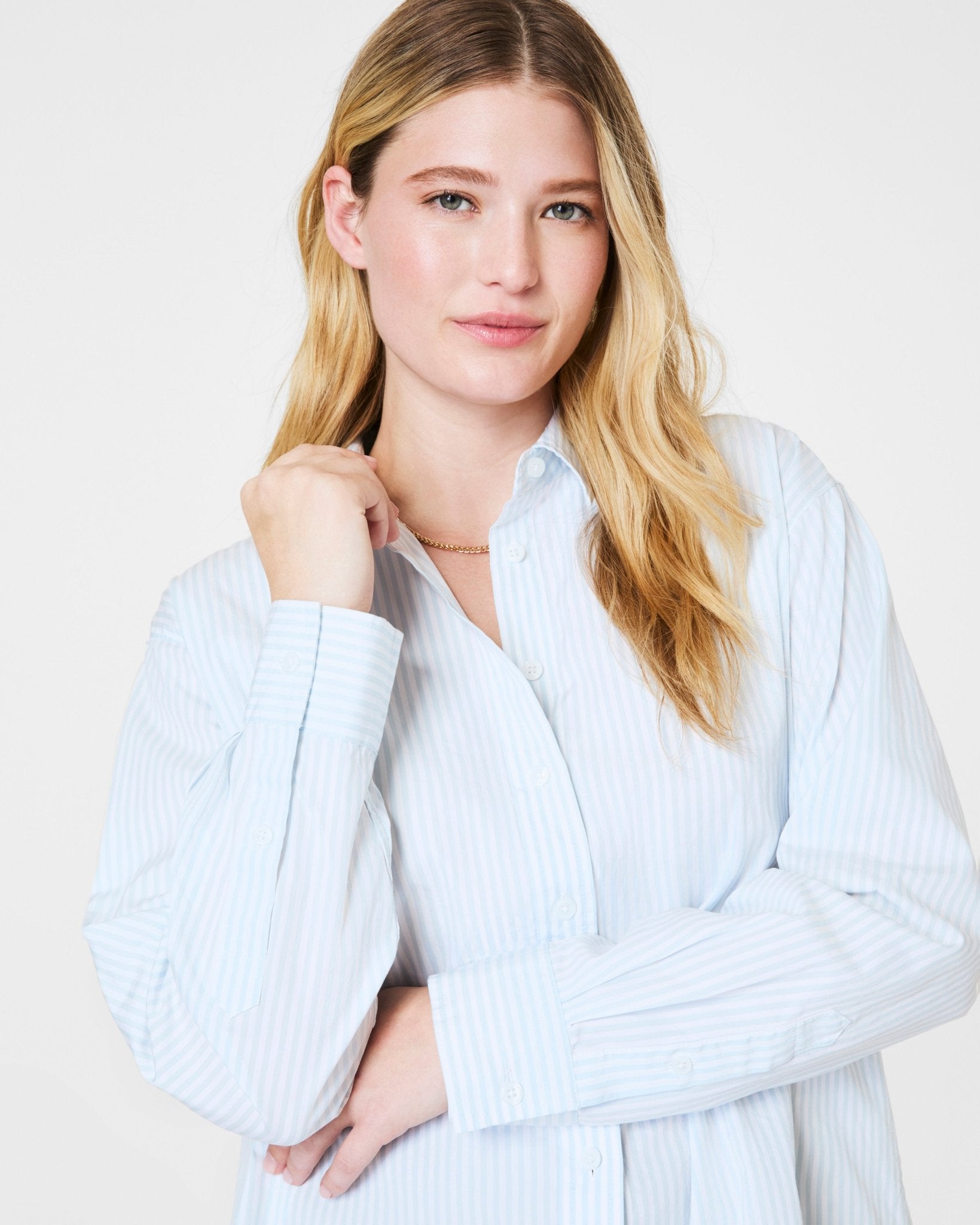 SPANX® Poplin Oversized Button - Up Shirt | Classic White/Sky by Spanx at Shirley Shoppe