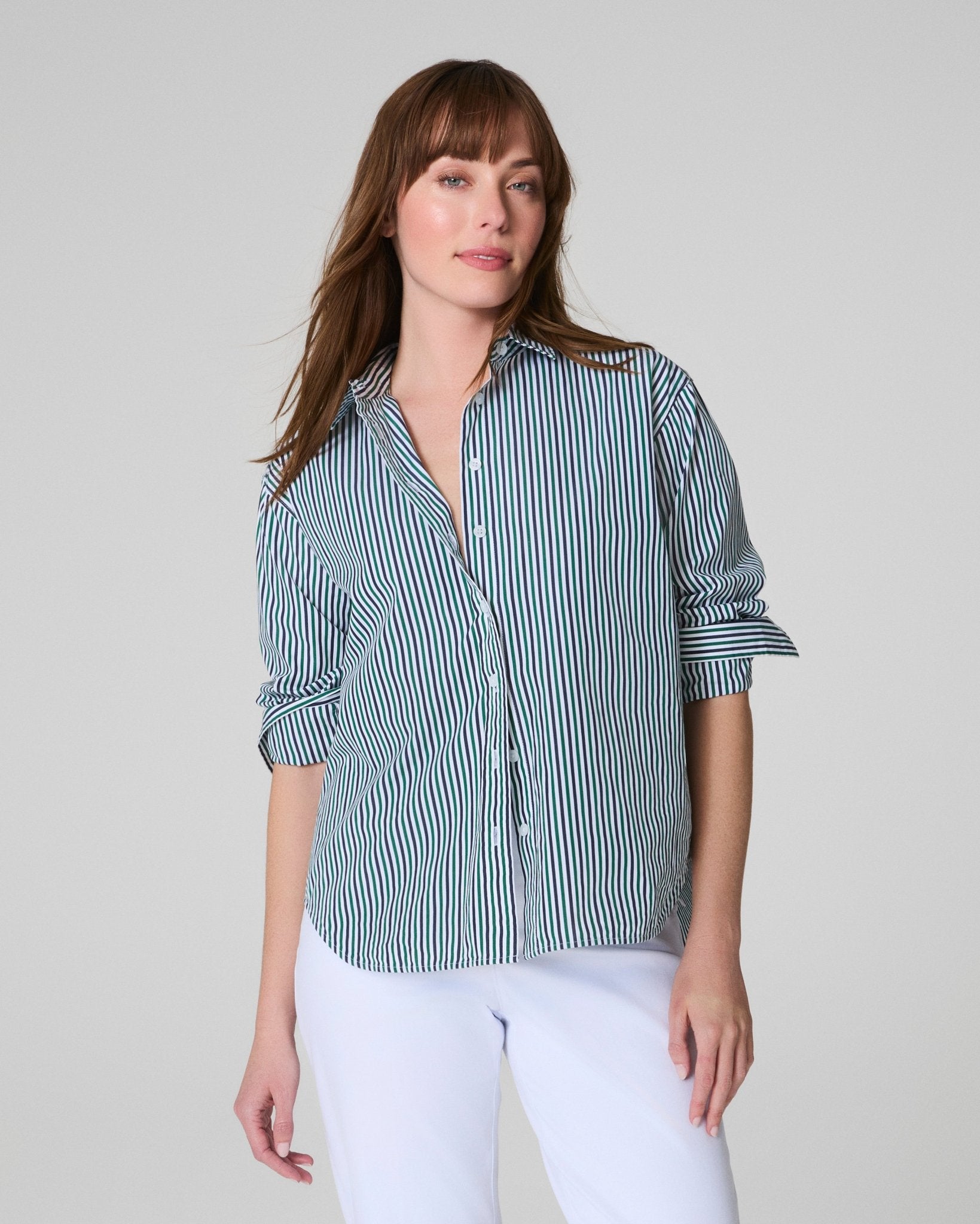 SPANX® Poplin Oversized Button - Up Shirt | Classic White/Timeless Navy/Ivy by Spanx at Shirley Shoppe