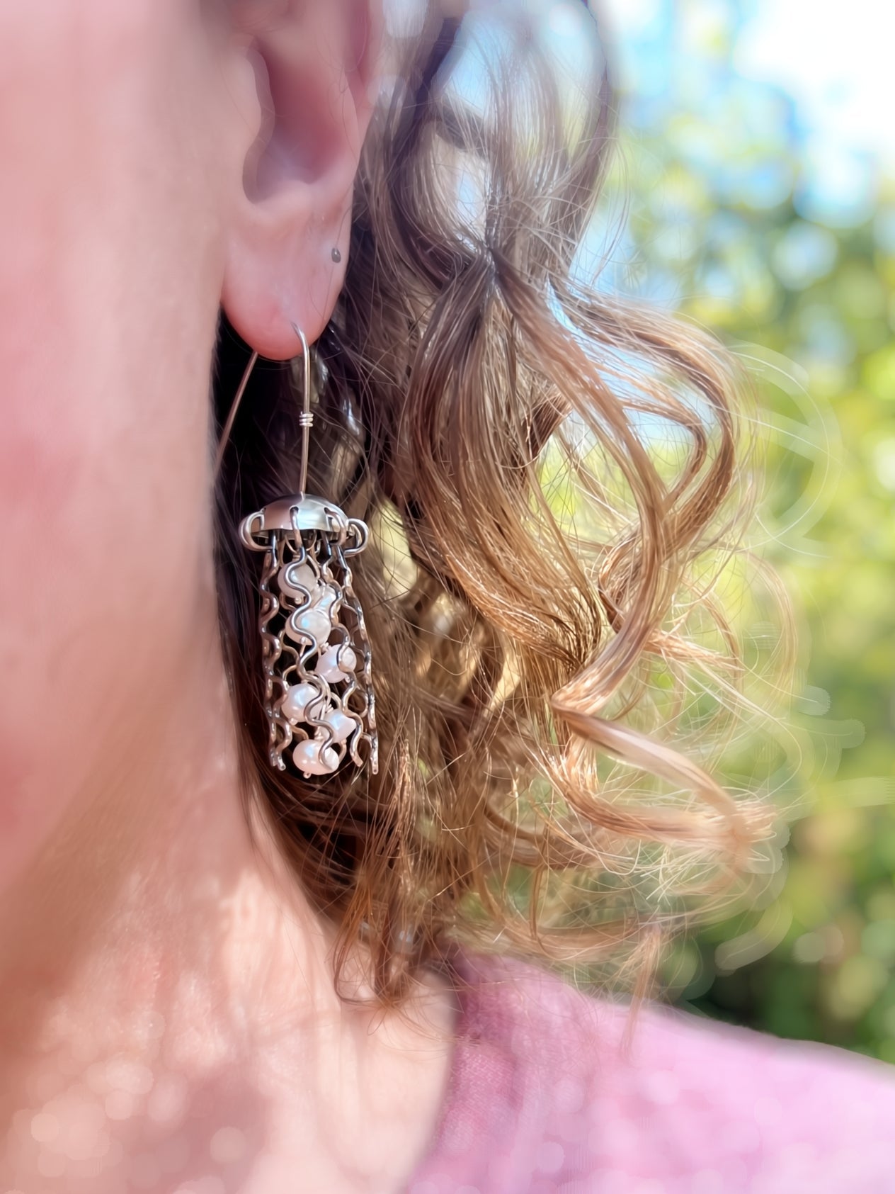 Sterling Silver Jellyfish Earrings with White Pearls by Alison Morse at Shirley Shoppe