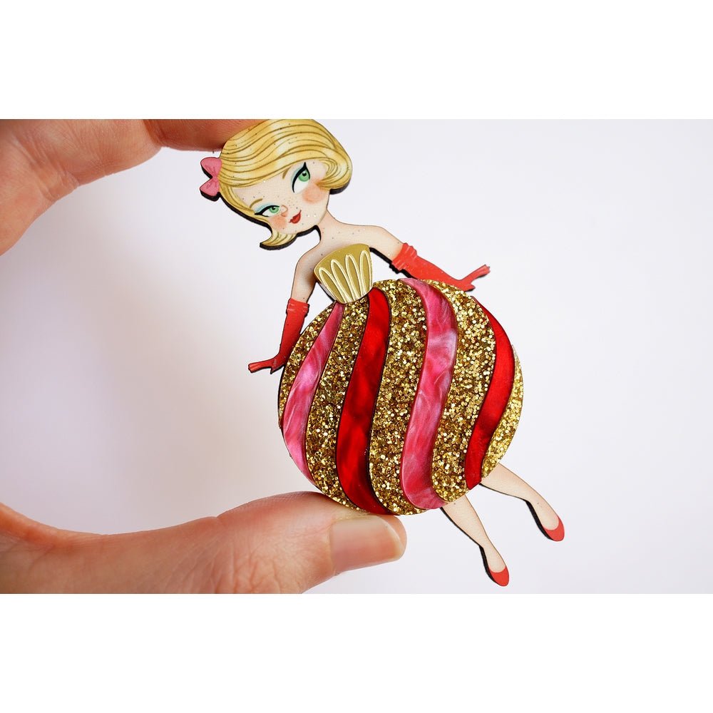Striped Christmas Lady Ornament Brooch by Laliblue – Retro Kitschy Statement Brooch for Collectors by Quirks! at Shirley Shoppe