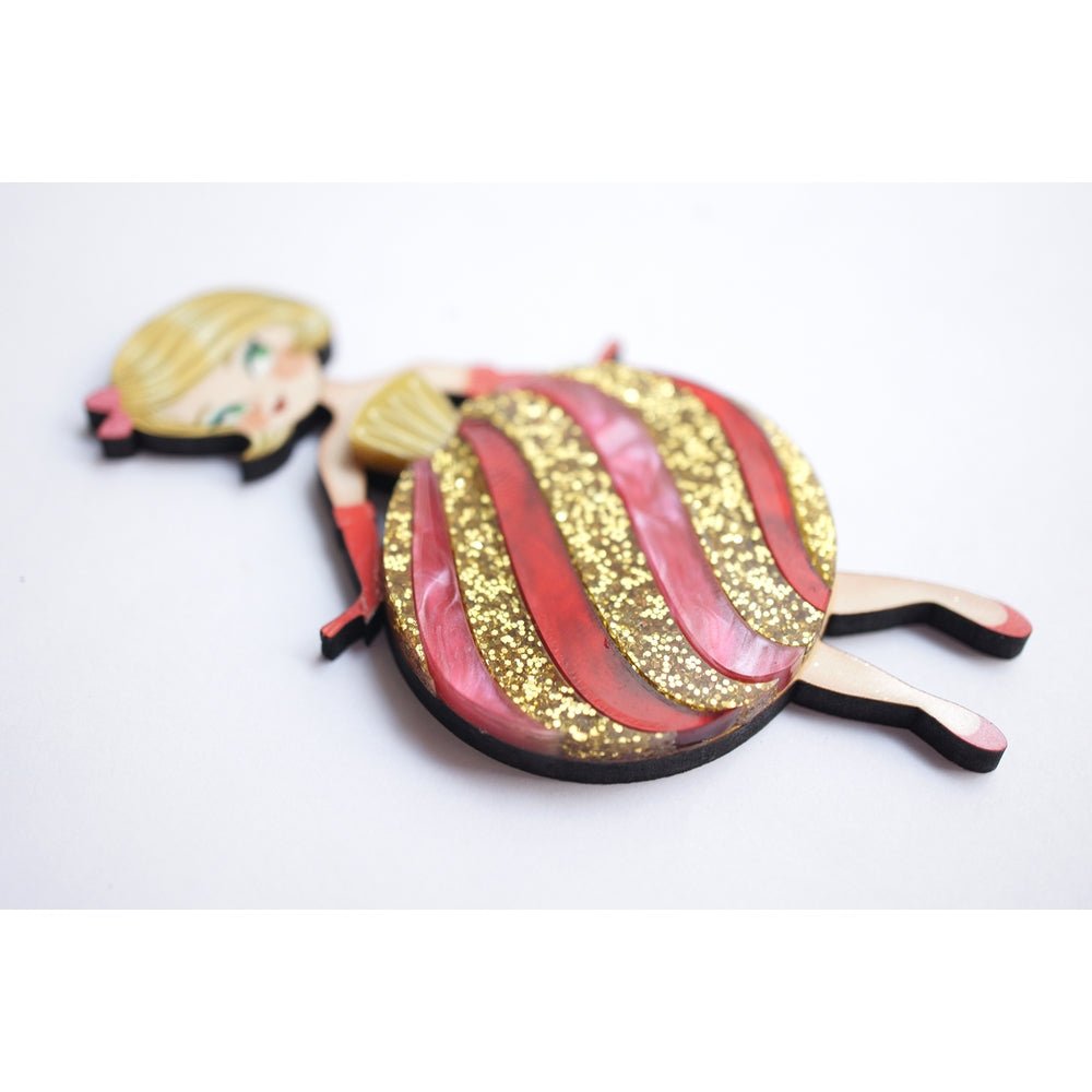 Striped Christmas Lady Ornament Brooch by Laliblue – Retro Kitschy Statement Brooch for Collectors by Quirks! at Shirley Shoppe