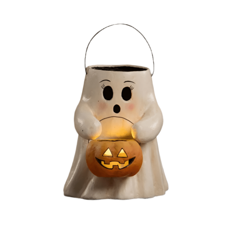 Sweet Boo With Pumpkin Bucket Paper Mache by Bethany Lowe Designs by Quirks! at Shirley Shoppe