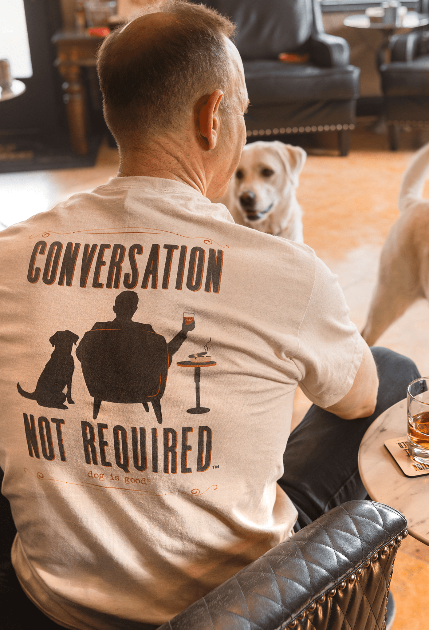 T-shirt: Conversation Not Required, Whiskey (Tan) by Dog is Good at Shirley Shoppe