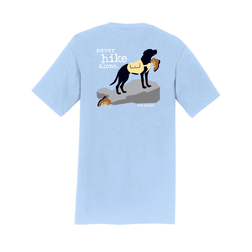 T-shirt: Never Hike Alone (Light Blue) by Dog is Good at Shirley Shoppe