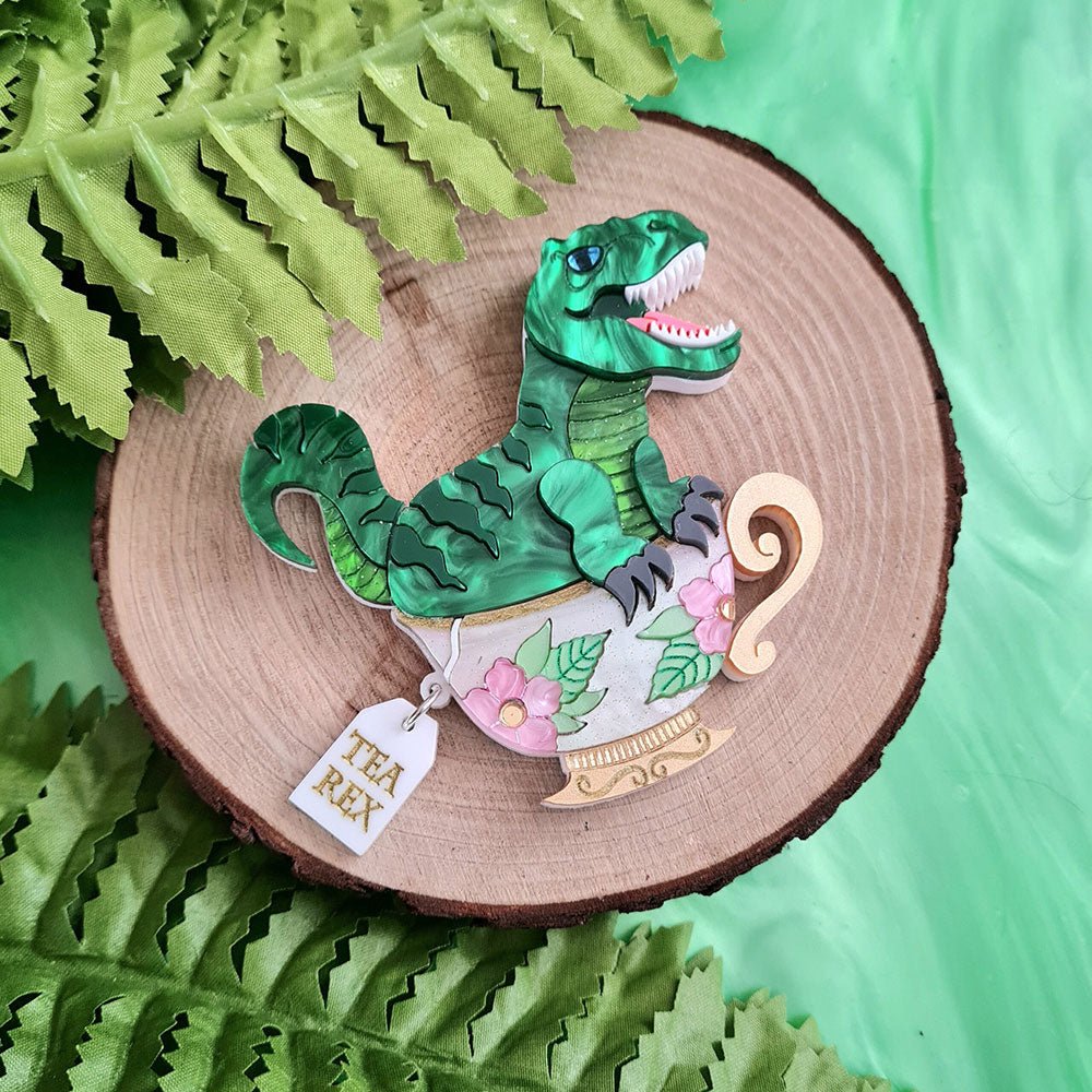 Tea Rex Dinosaur Teacup Brooch by Cherryloco Jewellery by Quirks! at Shirley Shoppe