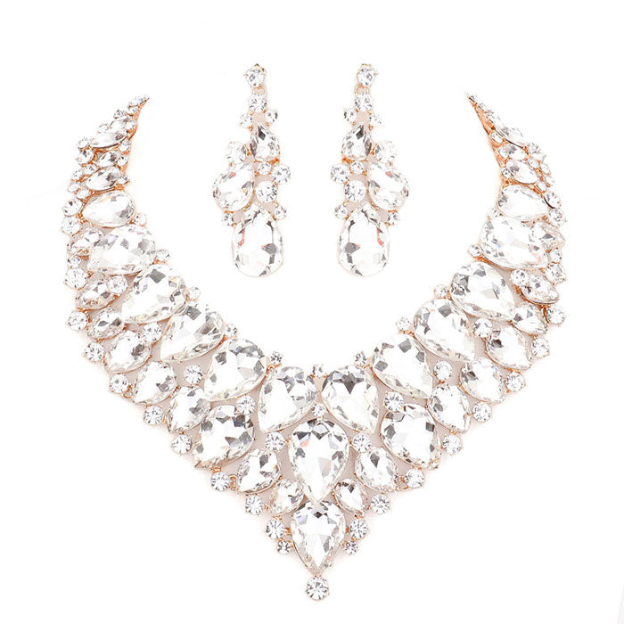 Teardrop Cluster Rhinestone Collar Necklace Earrings Set