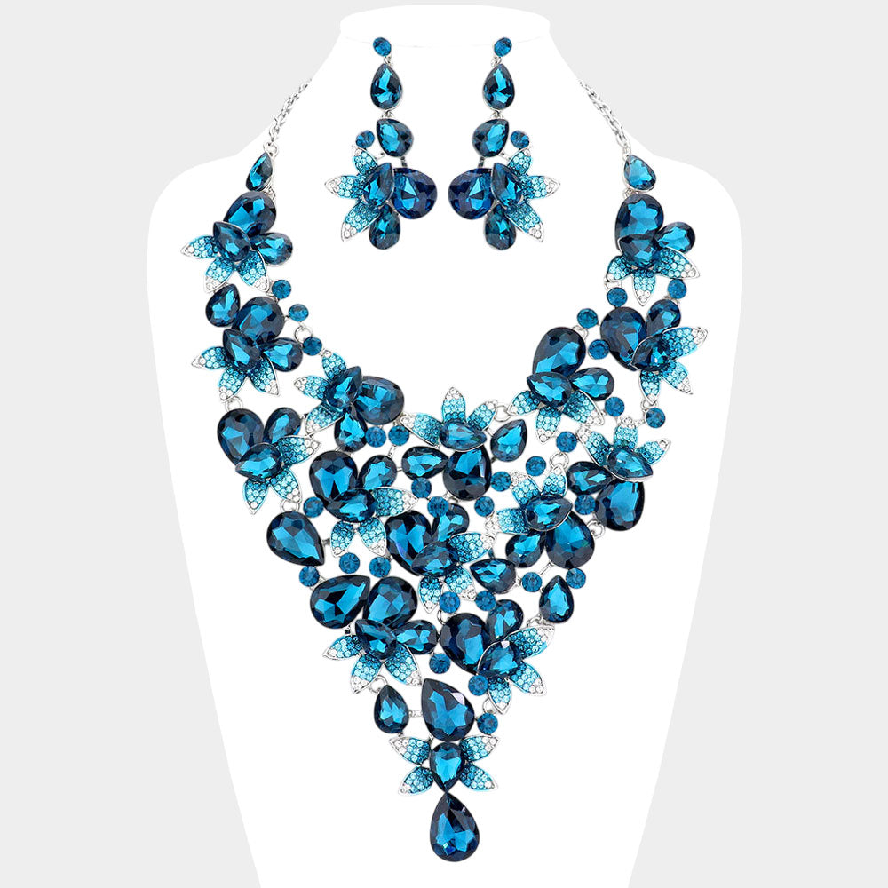 Teardrop Stone Leaf Cluster Vine Statement Evening Necklace