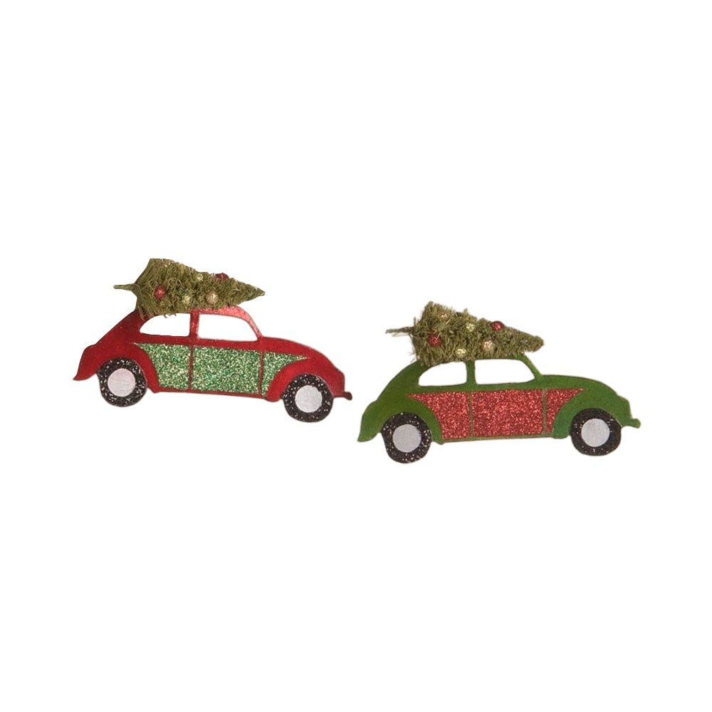 Tin Punch Buggy with Tree Ornament Set of 2 by Bethany Lowe Designs by Quirks! at Shirley Shoppe