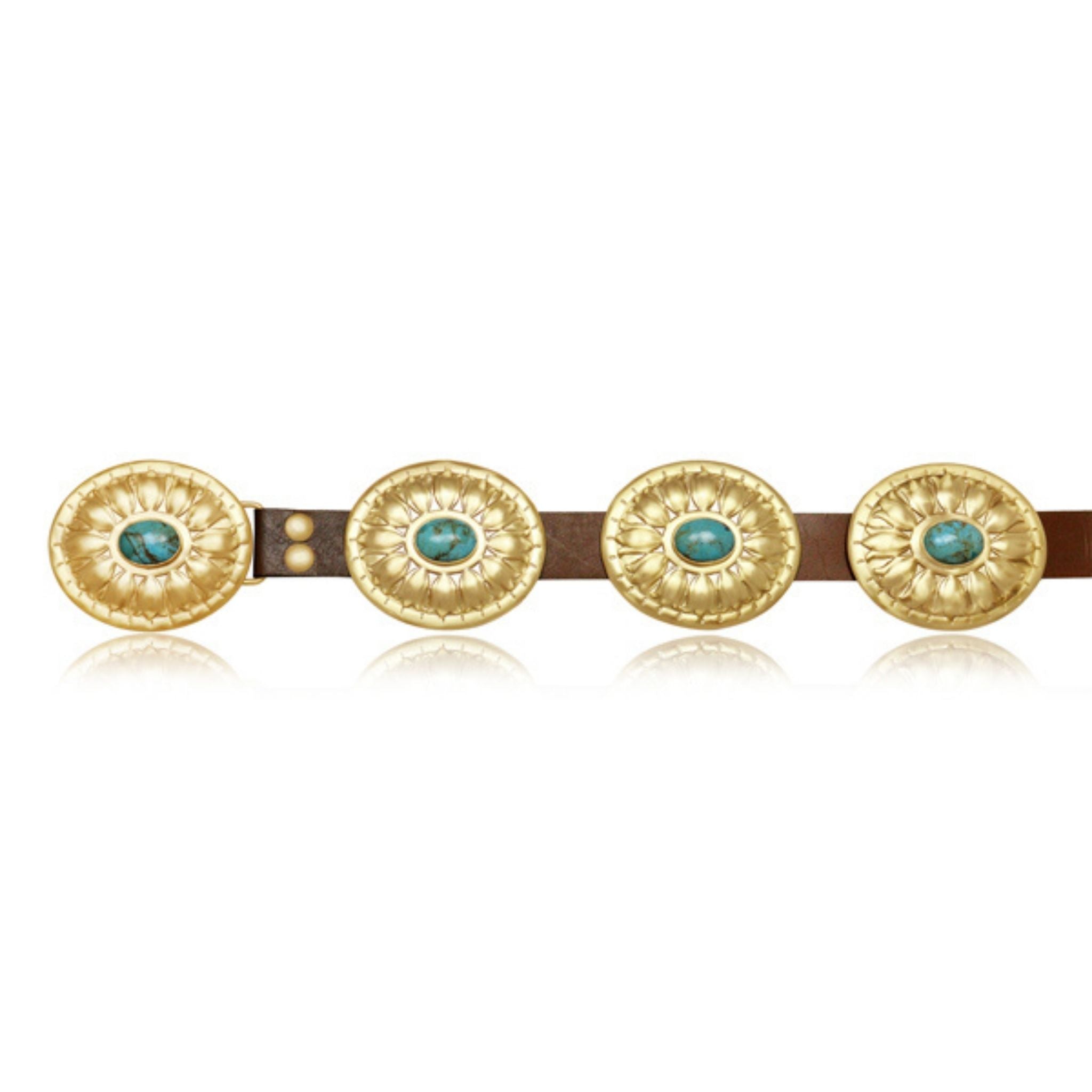 Turquoise and Brass Concho Belt by Christina Greene at Shirley Shoppe