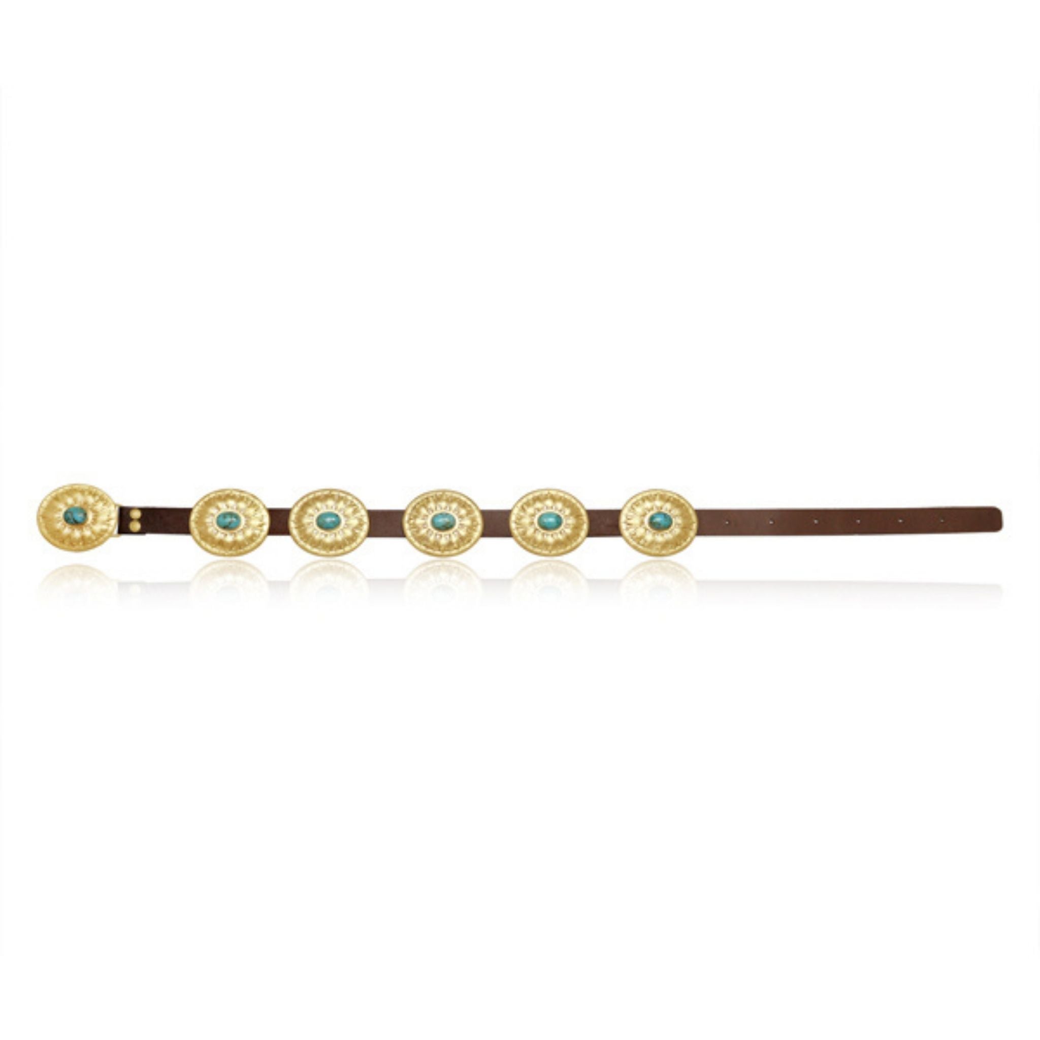 Turquoise and Brass Concho Belt by Christina Greene at Shirley Shoppe