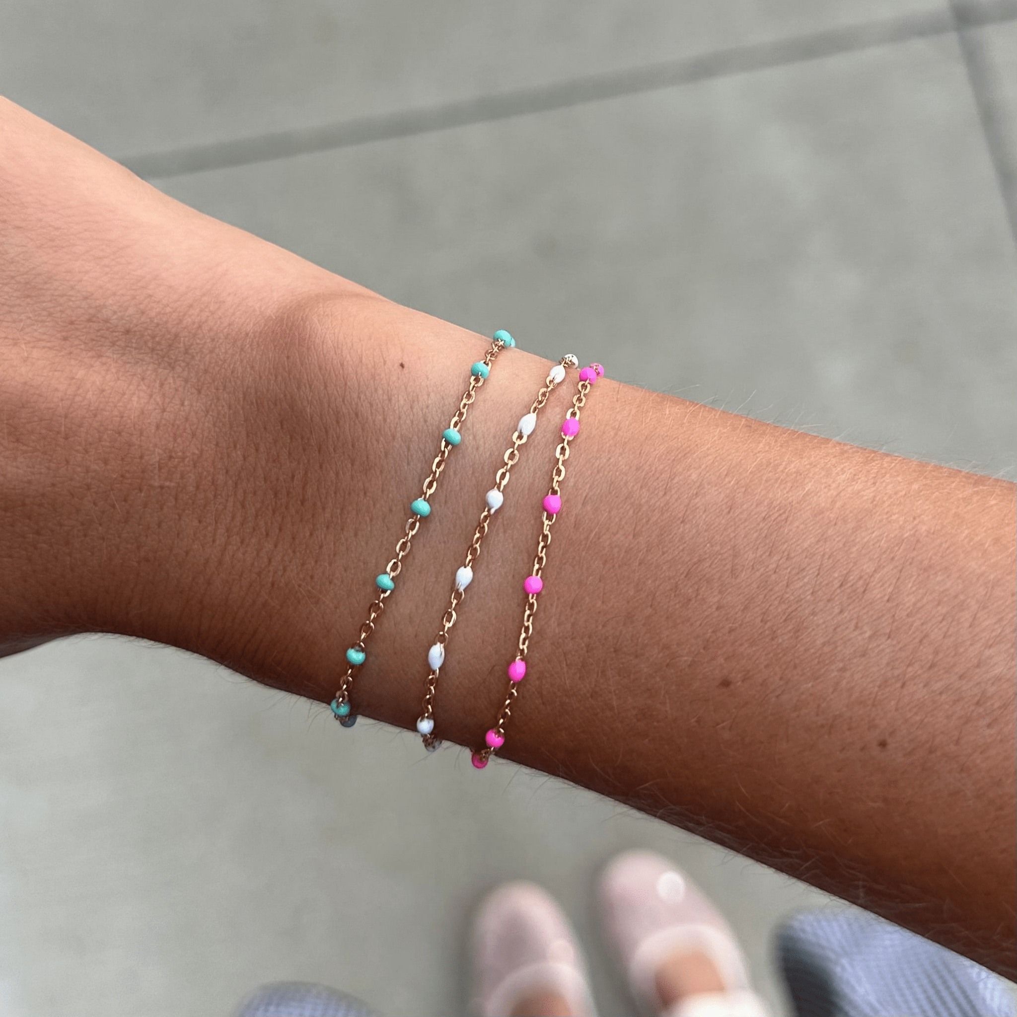 turquoise + pink + white daisy bracelet triple stack by Cuffed by Nano LLC at Shirley Shoppe
