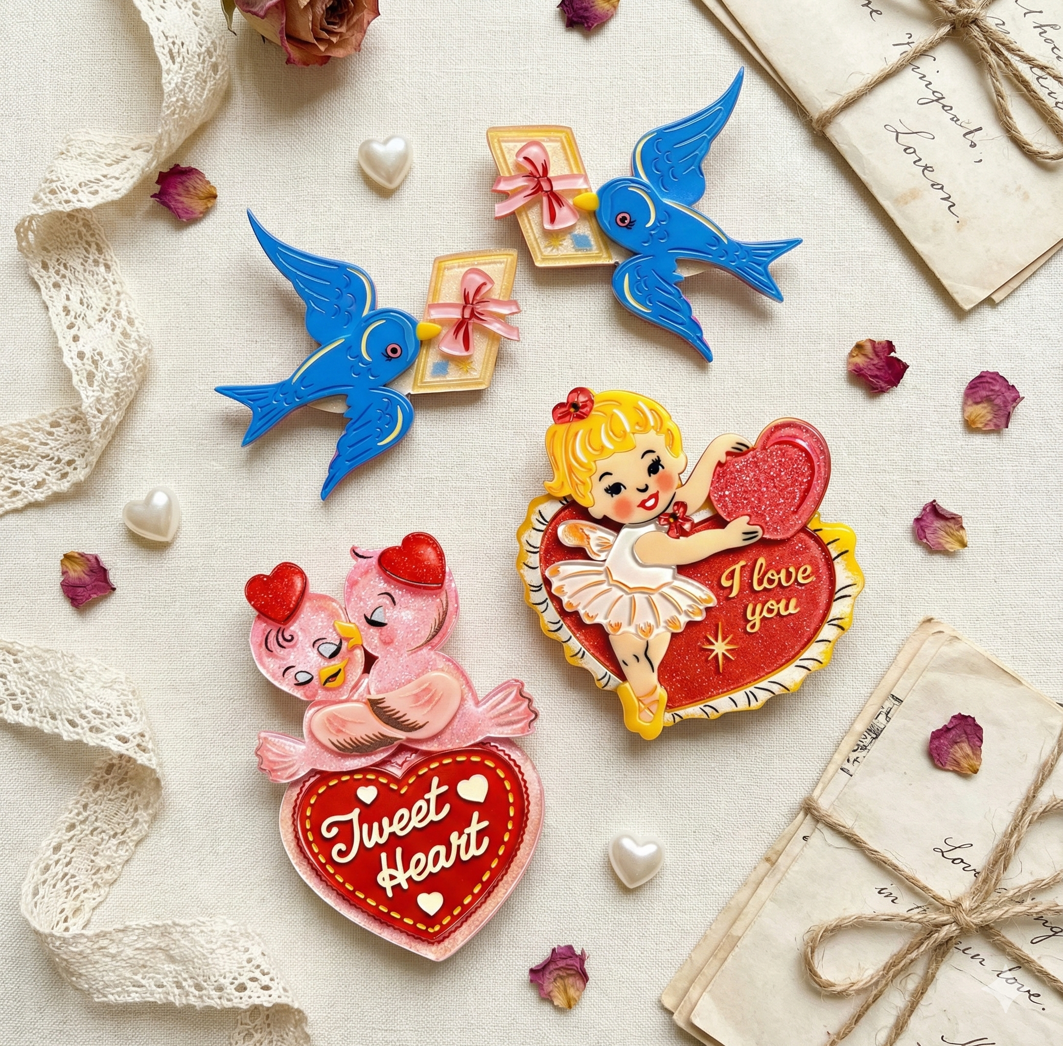 Tweet Heart Brooch by 50's Vintage Dame x Lipstick & Chrome — Retro Valentine Bird Pin