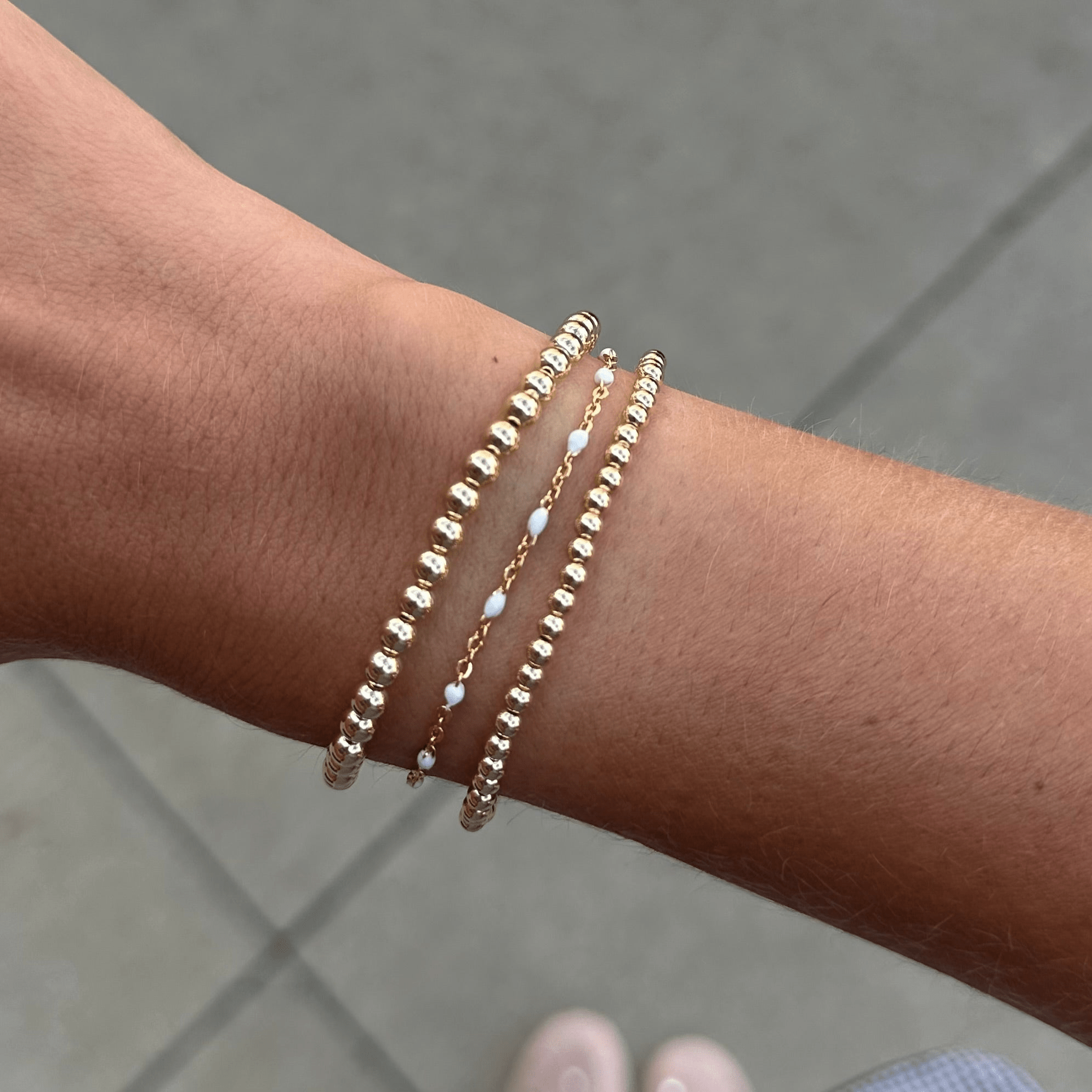 white daisy + juno bracelet triple stack (3+4mm) by Cuffed by Nano LLC at Shirley Shoppe