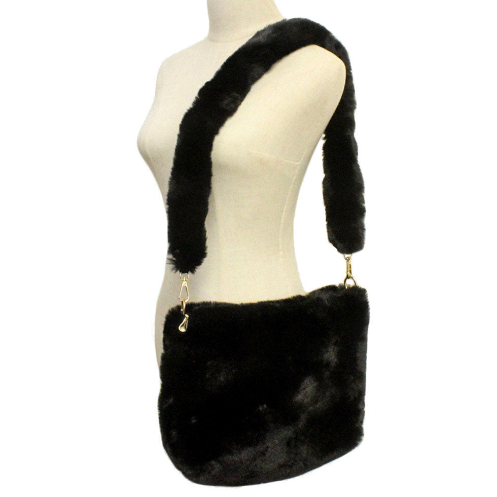 Zipper Closure Solid Faux Fur Crossbody Bag