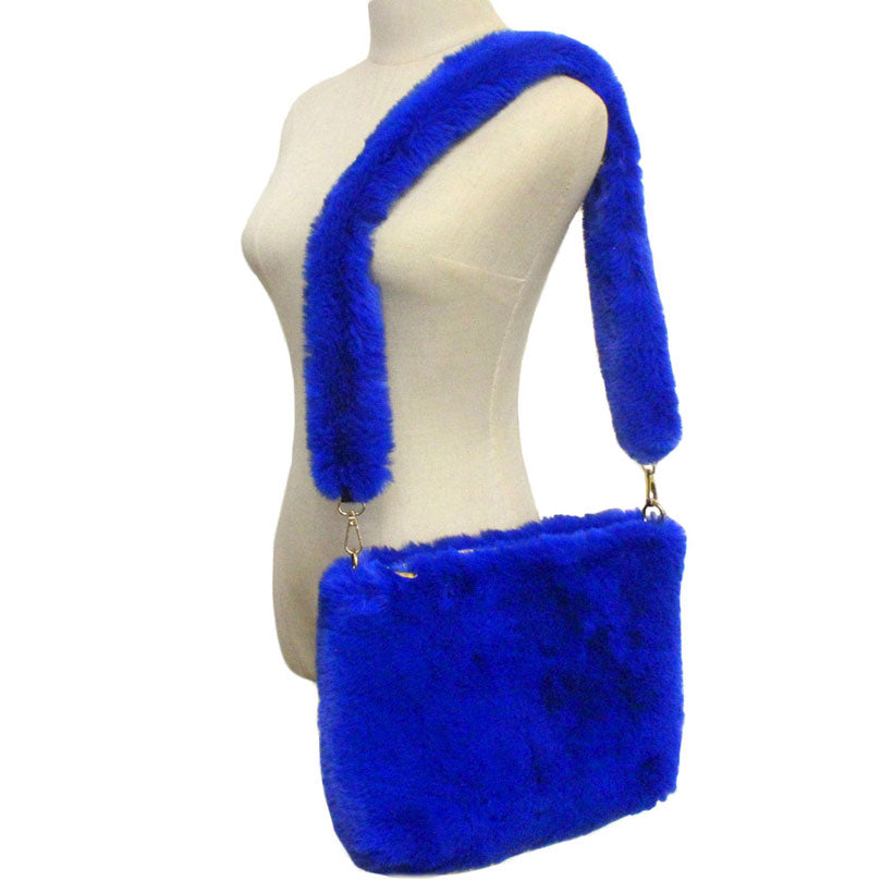 Zipper Closure Solid Faux Fur Crossbody Bag
