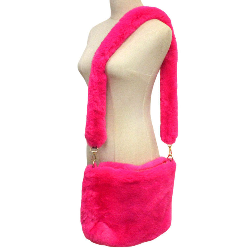 Zipper Closure Solid Faux Fur Crossbody Bag