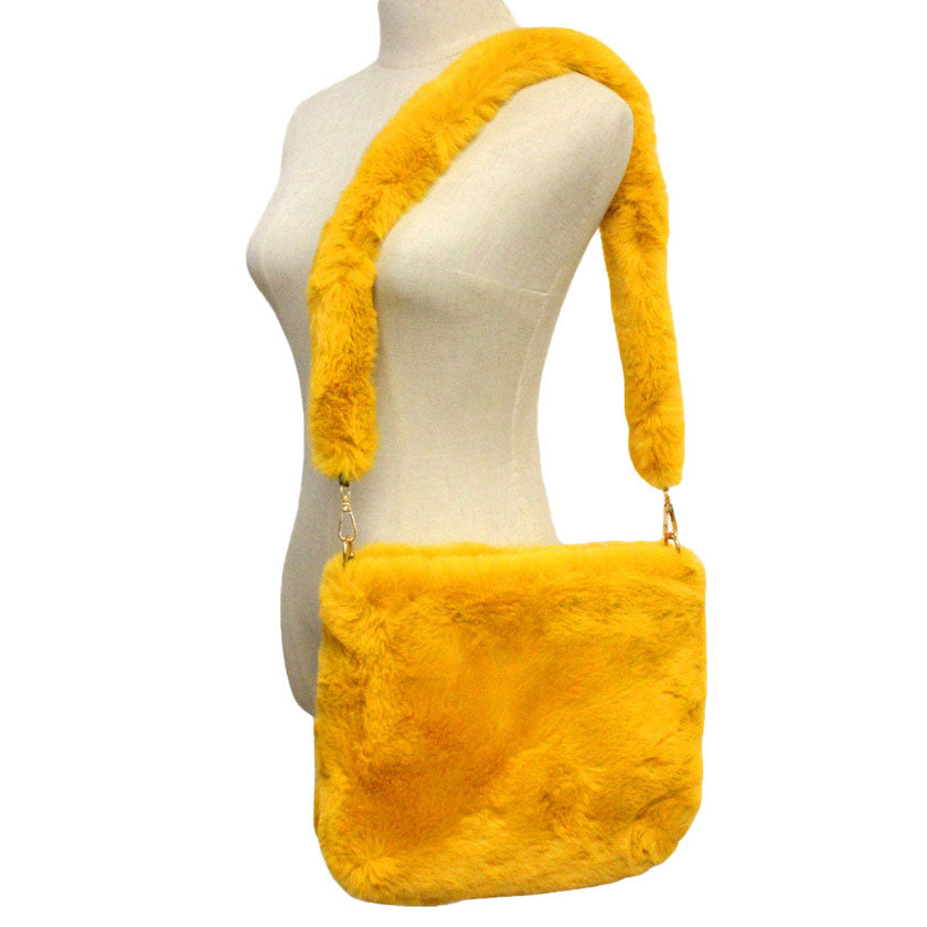 Zipper Closure Solid Faux Fur Crossbody Bag