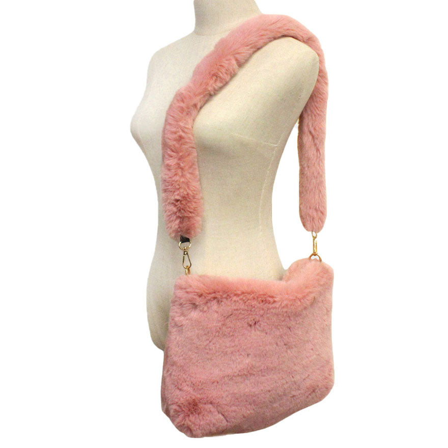 Zipper Closure Solid Faux Fur Crossbody Bag