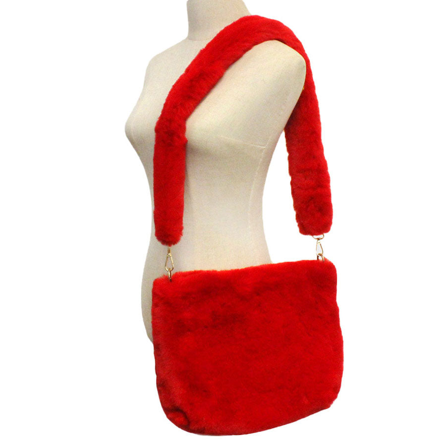 Zipper Closure Solid Faux Fur Crossbody Bag
