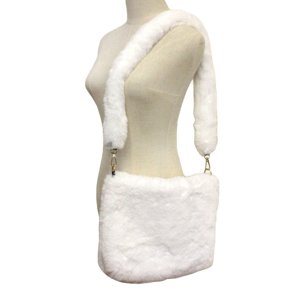 Zipper Closure Solid Faux Fur Crossbody Bag