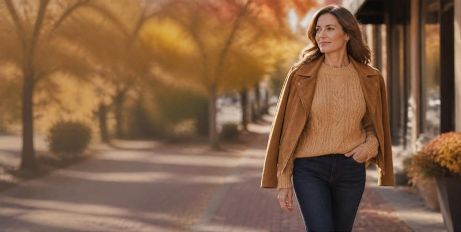 Woman in a camel sweater and suede jacket walking down a tree-lined autumn street
