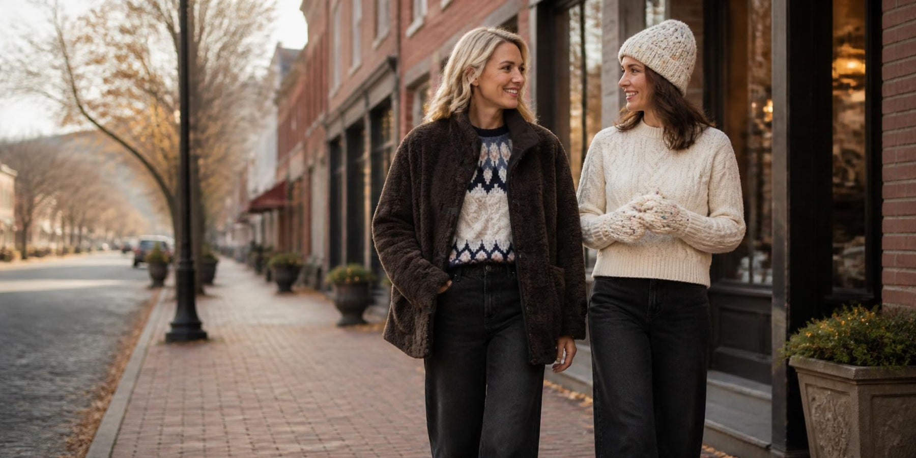 Two women in a shearling coat, fair isle sweater and knit hat on a brick main street in early winter