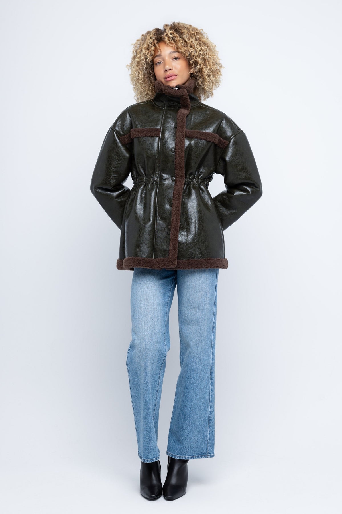 BLANKNYC Nothing To Lose olive faux leather sherpa jacket