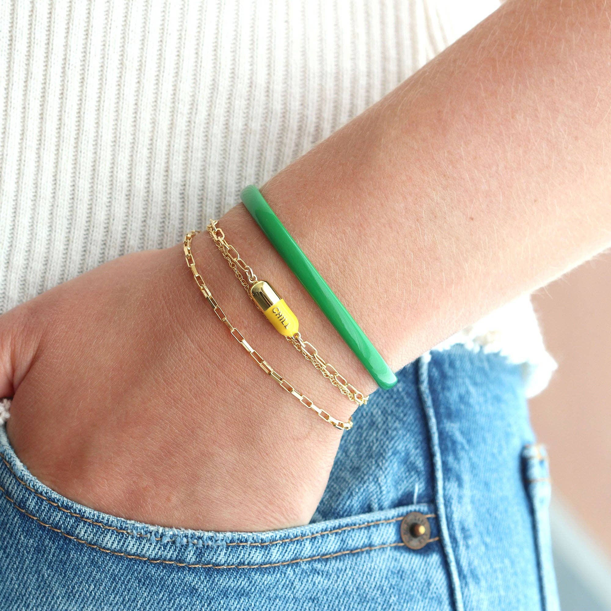 Kris Nations - Chill Pill Charm Bracelet 18K Gold Vermeil | Sterling Silver Charm Gold Filled | Sterling Silver Drawn Cable Chain Multiple Colors Lobster Clasp Nickel Free Ships from CA
