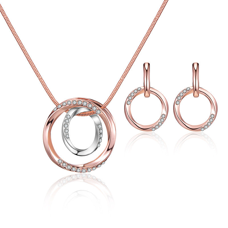 Style Popular Wedding Personalized Circle Bright Alloy Diamond Two-color Jewelry Set