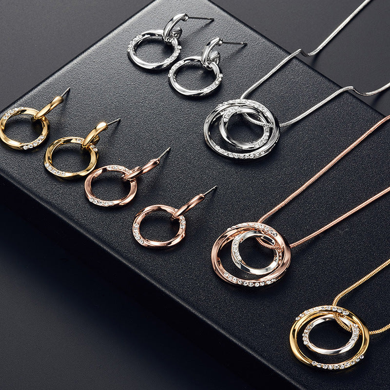 Style Popular Wedding Personalized Circle Bright Alloy Diamond Two-color Jewelry Set