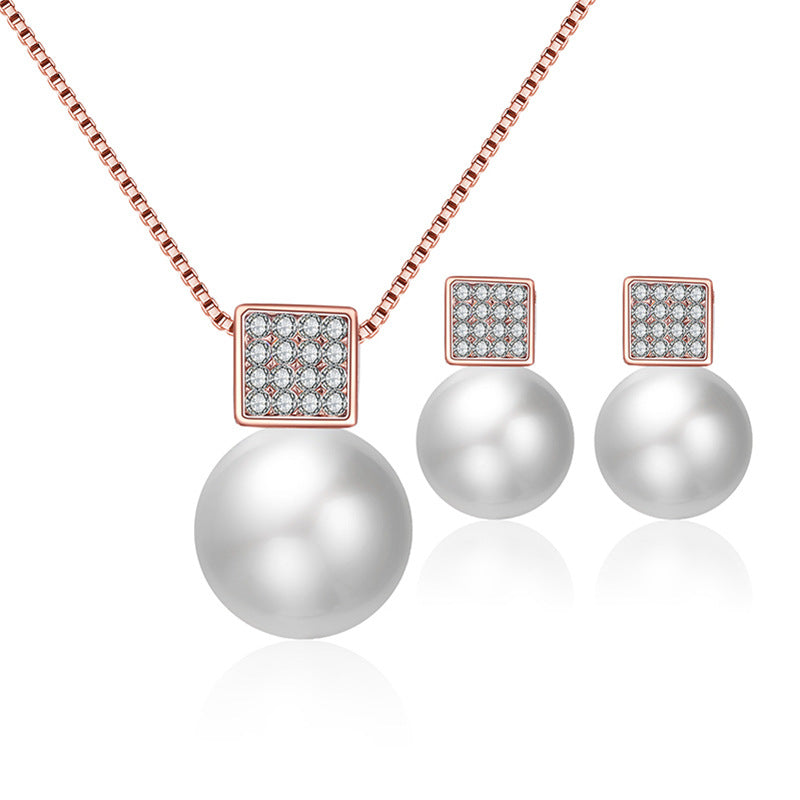 Women's Simple Square Pearl Ear Inlaid Bridal Jewelry Set