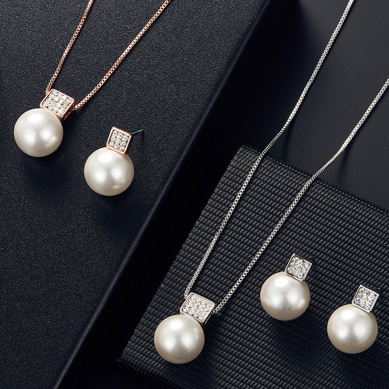 Women's Simple Square Pearl Ear Inlaid Bridal Jewelry Set