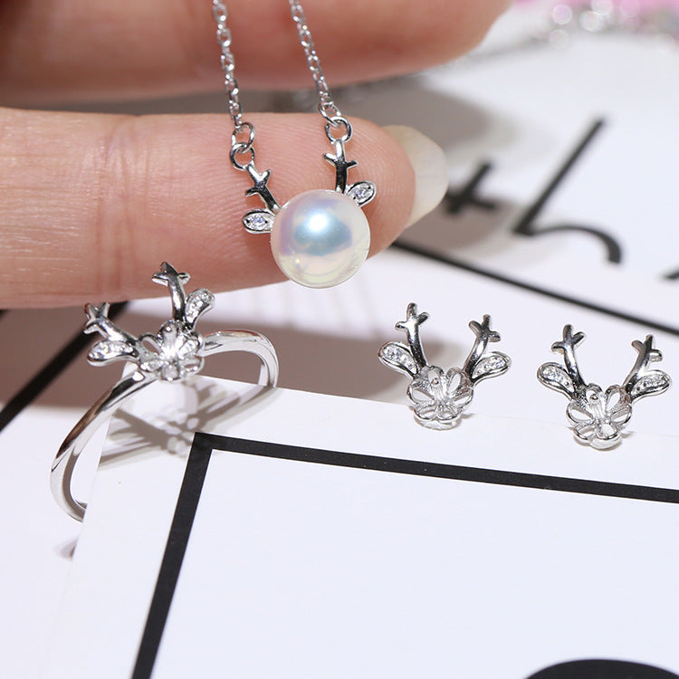 Women's Sterling Sier Pearl Frame Antlers Chain Jewelry Set