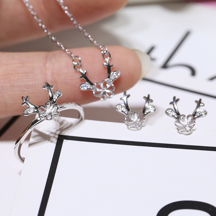 Women's Sterling Sier Pearl Frame Antlers Chain Jewelry Set