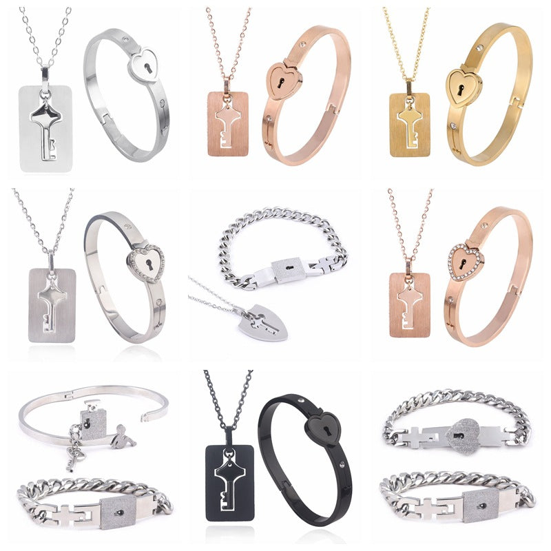 Women's & Men's Valentine's Day Gift Titanium Steel Couple Lock Heart Key Bracelet