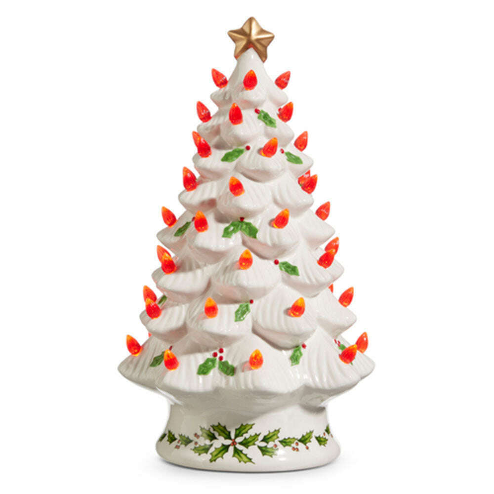 13" Lighted Vintage Inspired Holly Ceramic Christmas Tree
