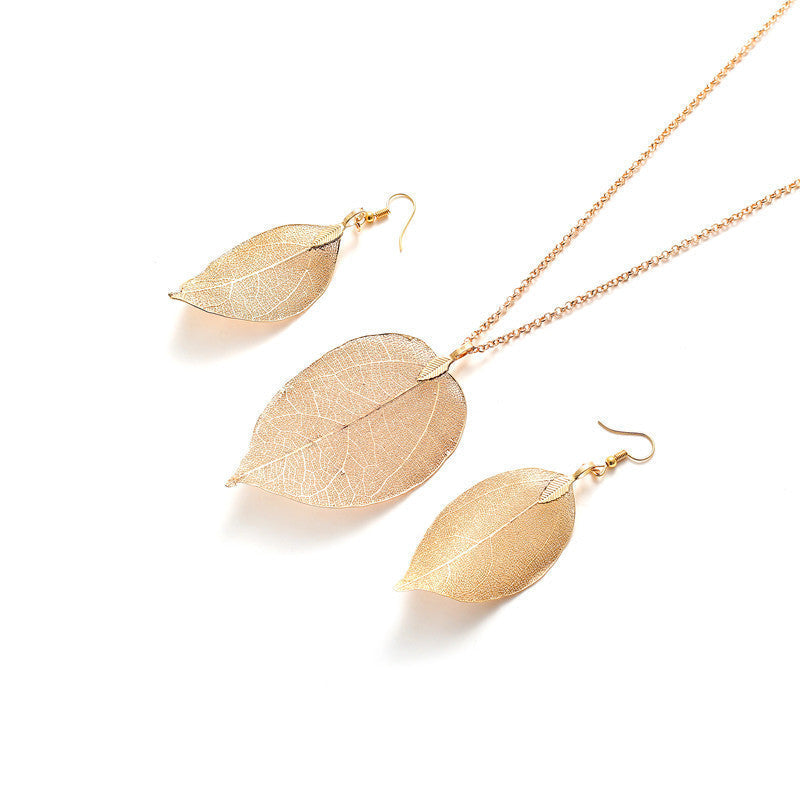 Natural Real Leaves Long Personality Simple Sweater Chain Jewelry Set