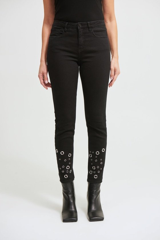 BLACK DENIM JEANS WITH SILVER CIRCLE EMBELLISHMENTS