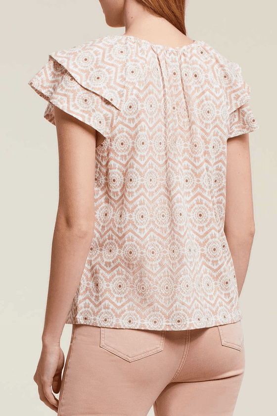 Tribal Frilled Cap-Sleeve Cotton Top