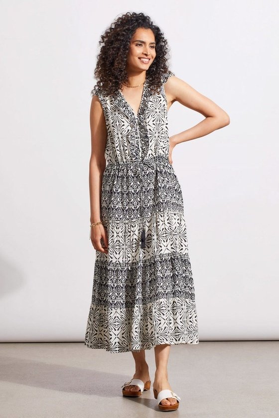 PRINTED V-NECK DRESS WITH DRAWCORD WAIST