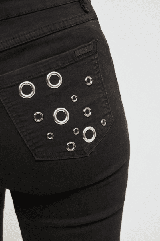 BLACK DENIM JEANS WITH SILVER CIRCLE EMBELLISHMENTS