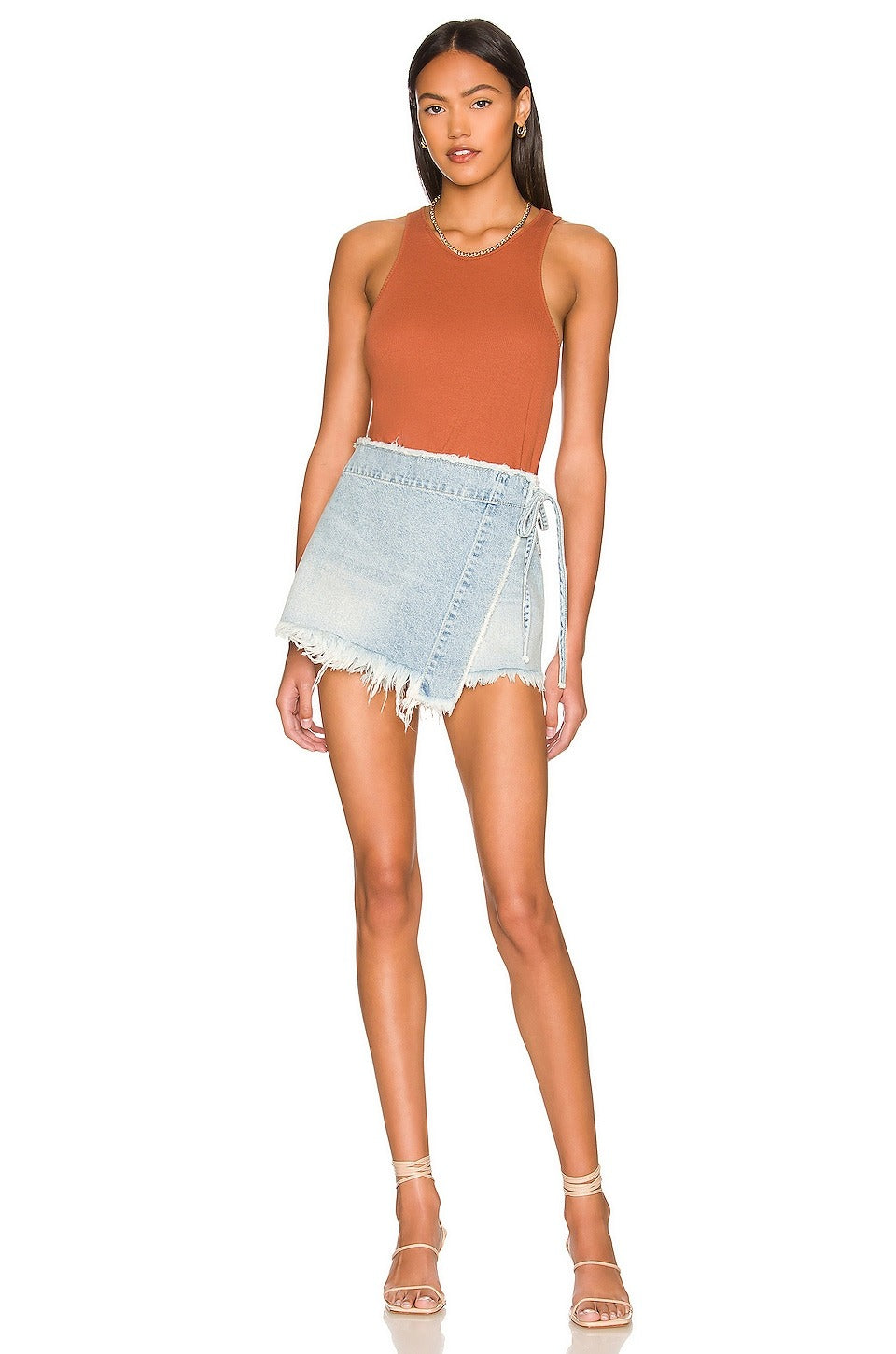 Emmy Denim High Waisted Asymmetric Raw Hem Tie Side Mini Skort