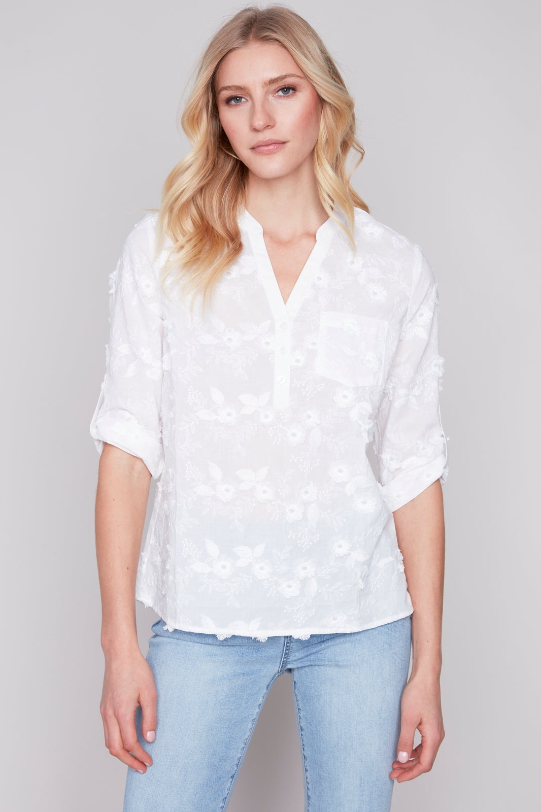 Half-Button Embroidered Cotton Blouse