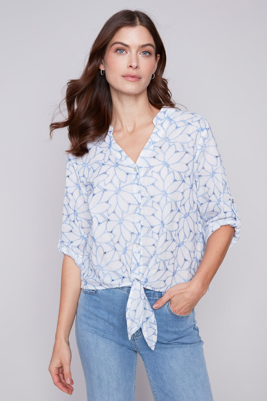 Embroidered Front Tie Cotton Blouse