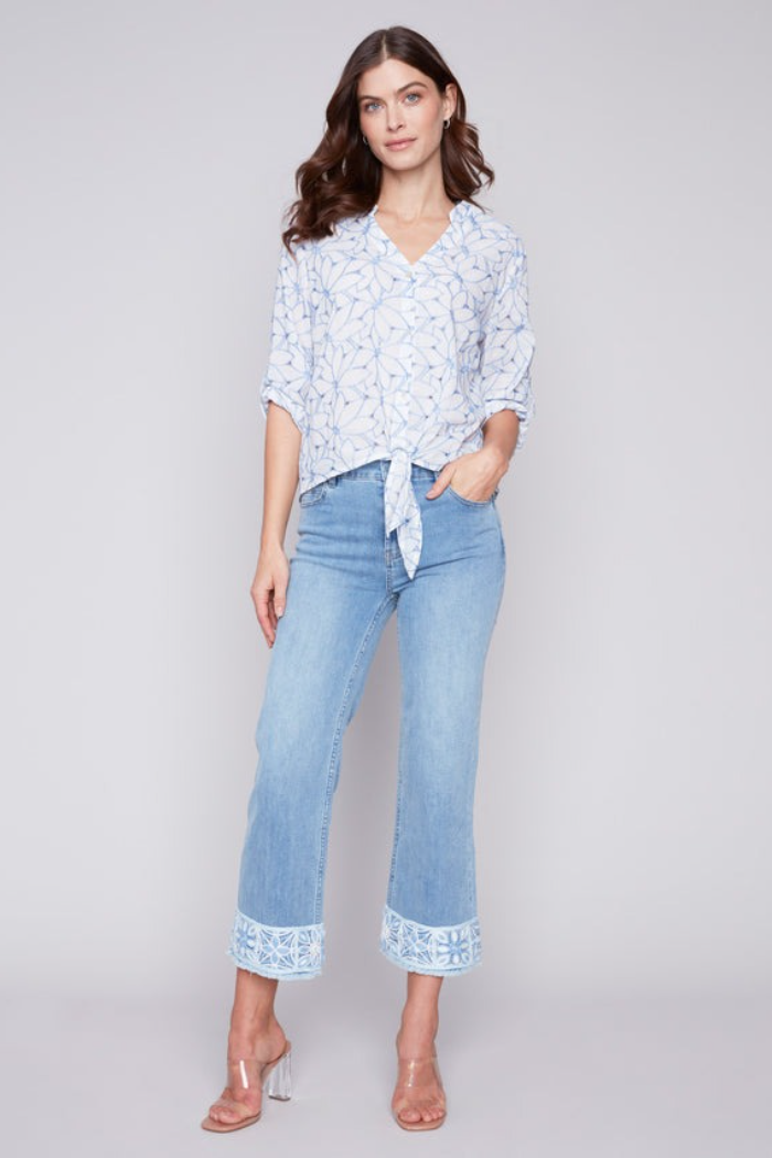 Embroidered Front Tie Cotton Blouse