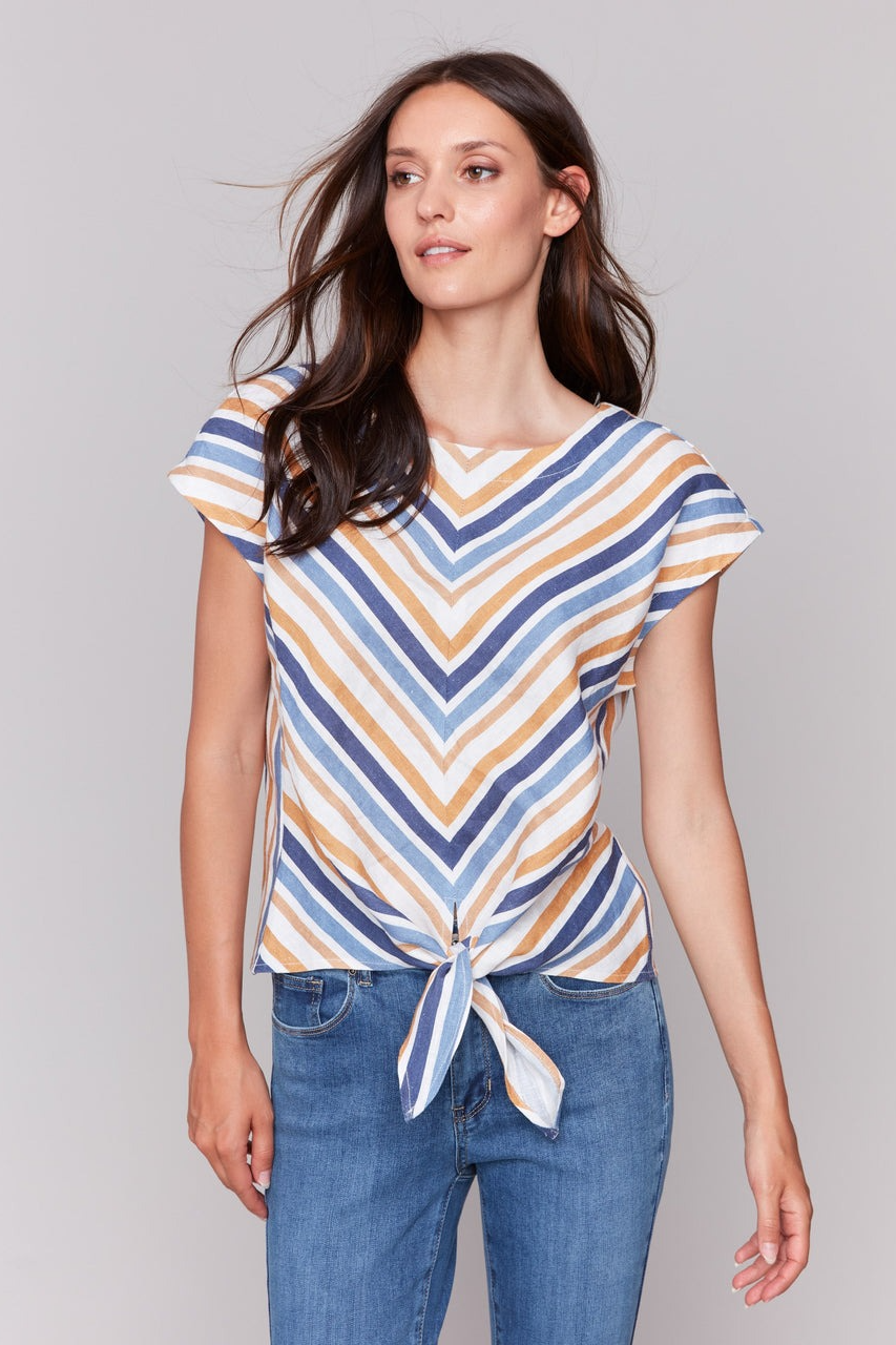 Striped Linen Blend Tie-Front Blouse