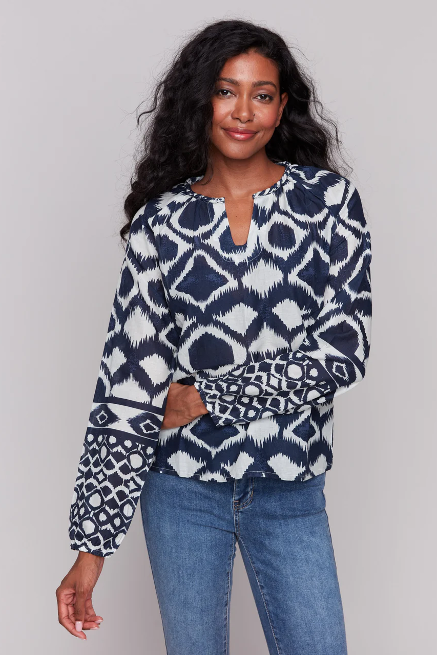 Printed Long Sleeve Popover Blouse