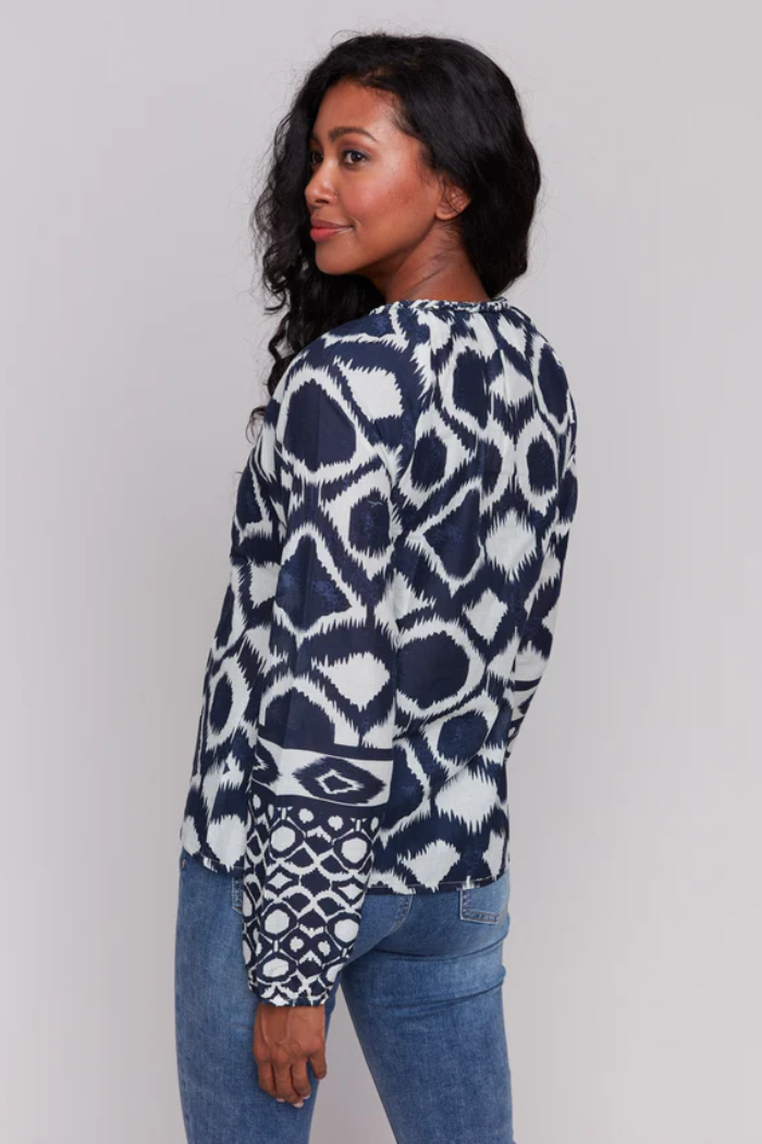 Printed Long Sleeve Popover Blouse