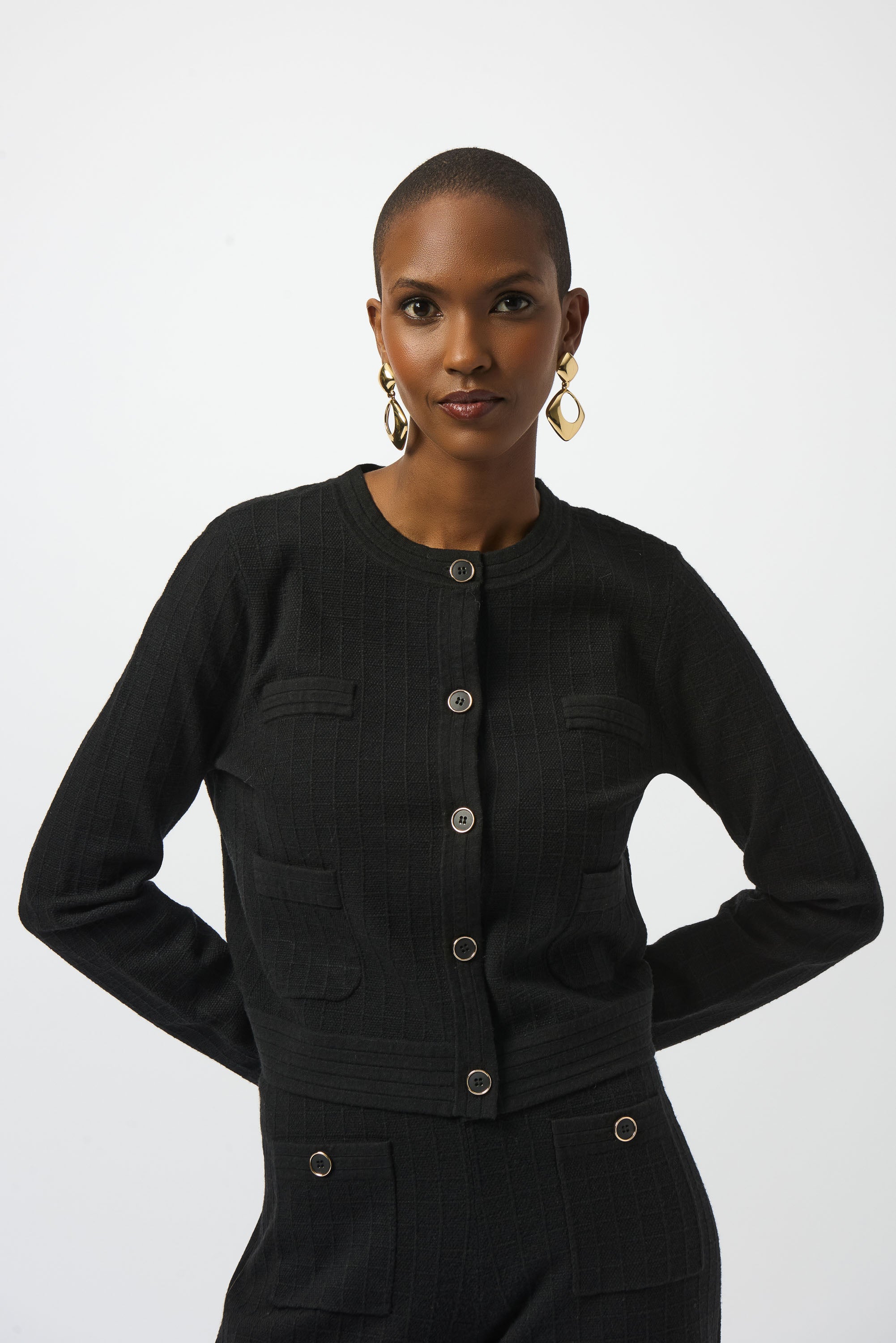 Sweater Knit Crew Neck Button-Front Jacket