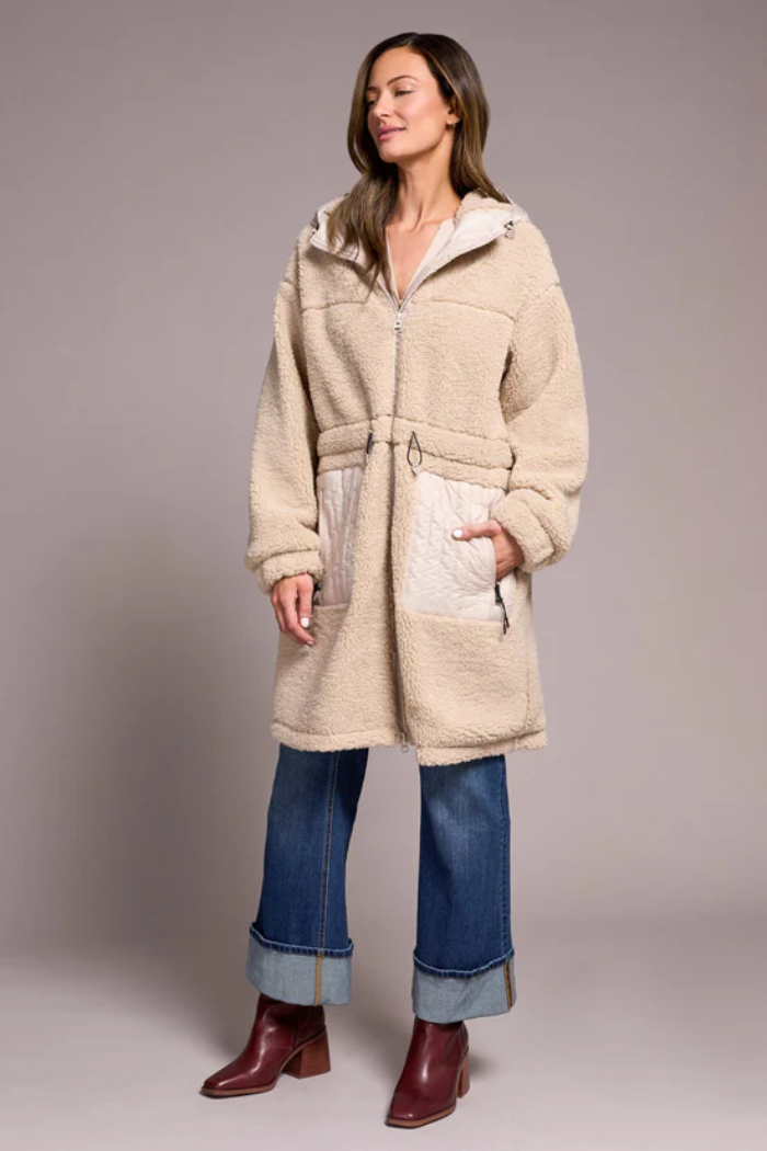 Faux Sherpa Zip-Up Front Hooded Coat With Drawcord